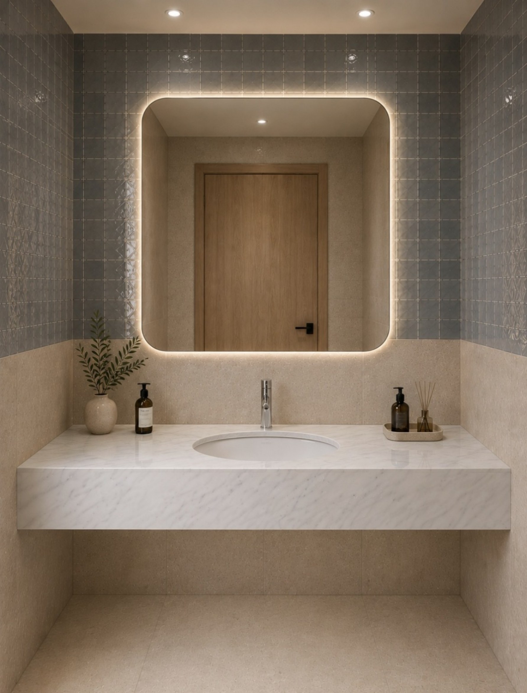 Washroom with a curved illuminated mirror