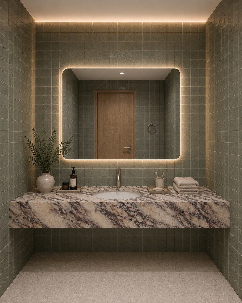 Green marble washroom with a wide illuminated mirror
