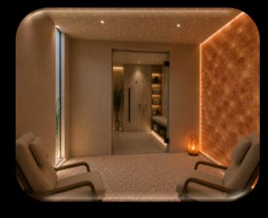 Spa relaxation lounge with salt wall and armchairs