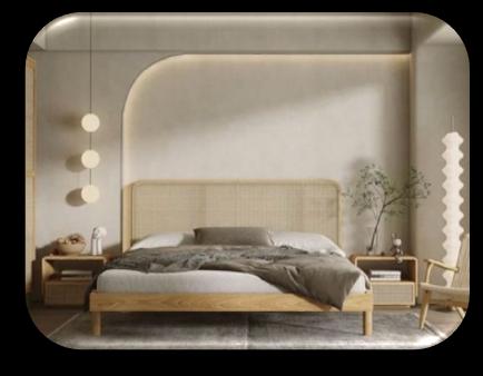 Themed suite with rattan bed and soft pendant lighting