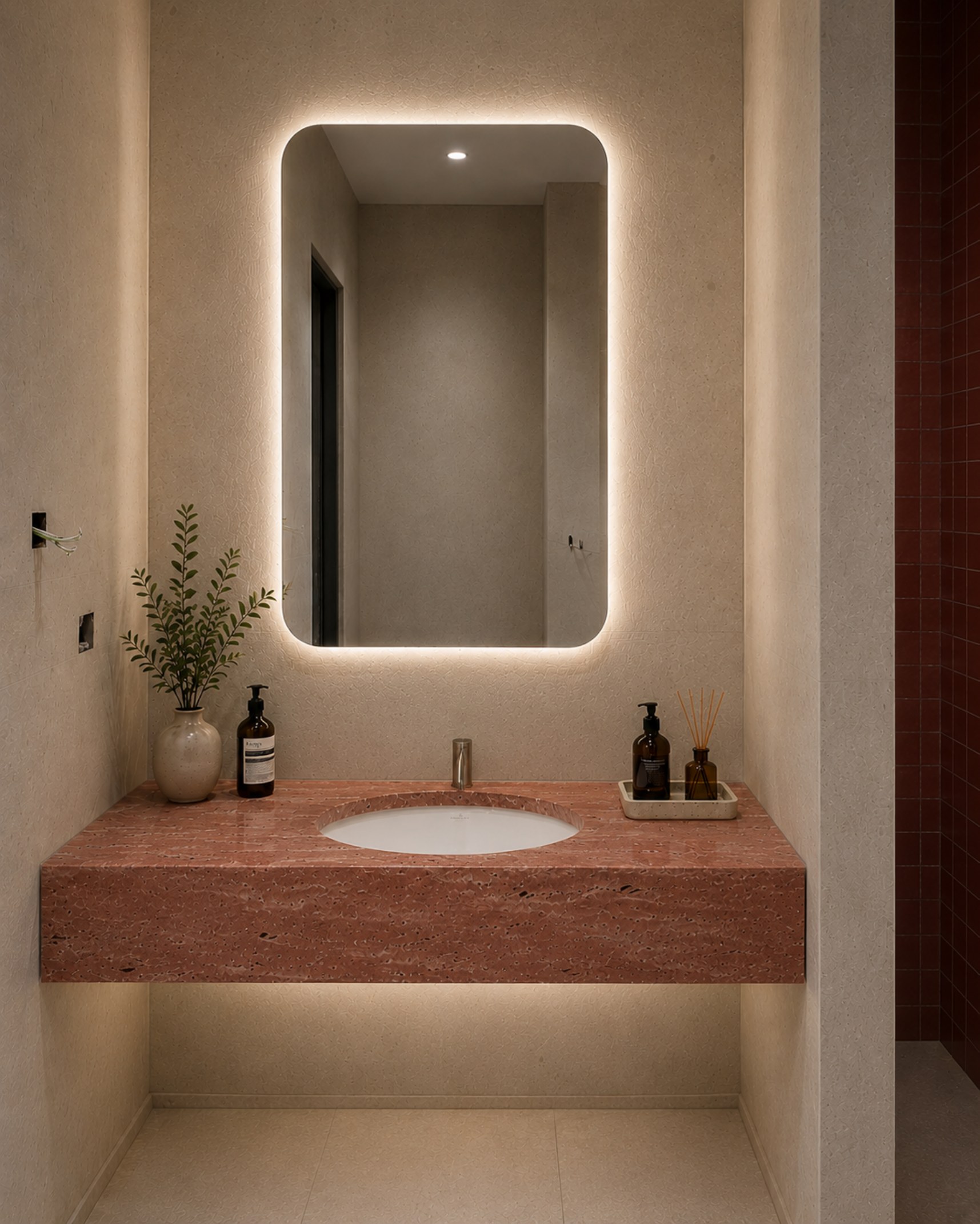 Red travertine ergonomic washroom design