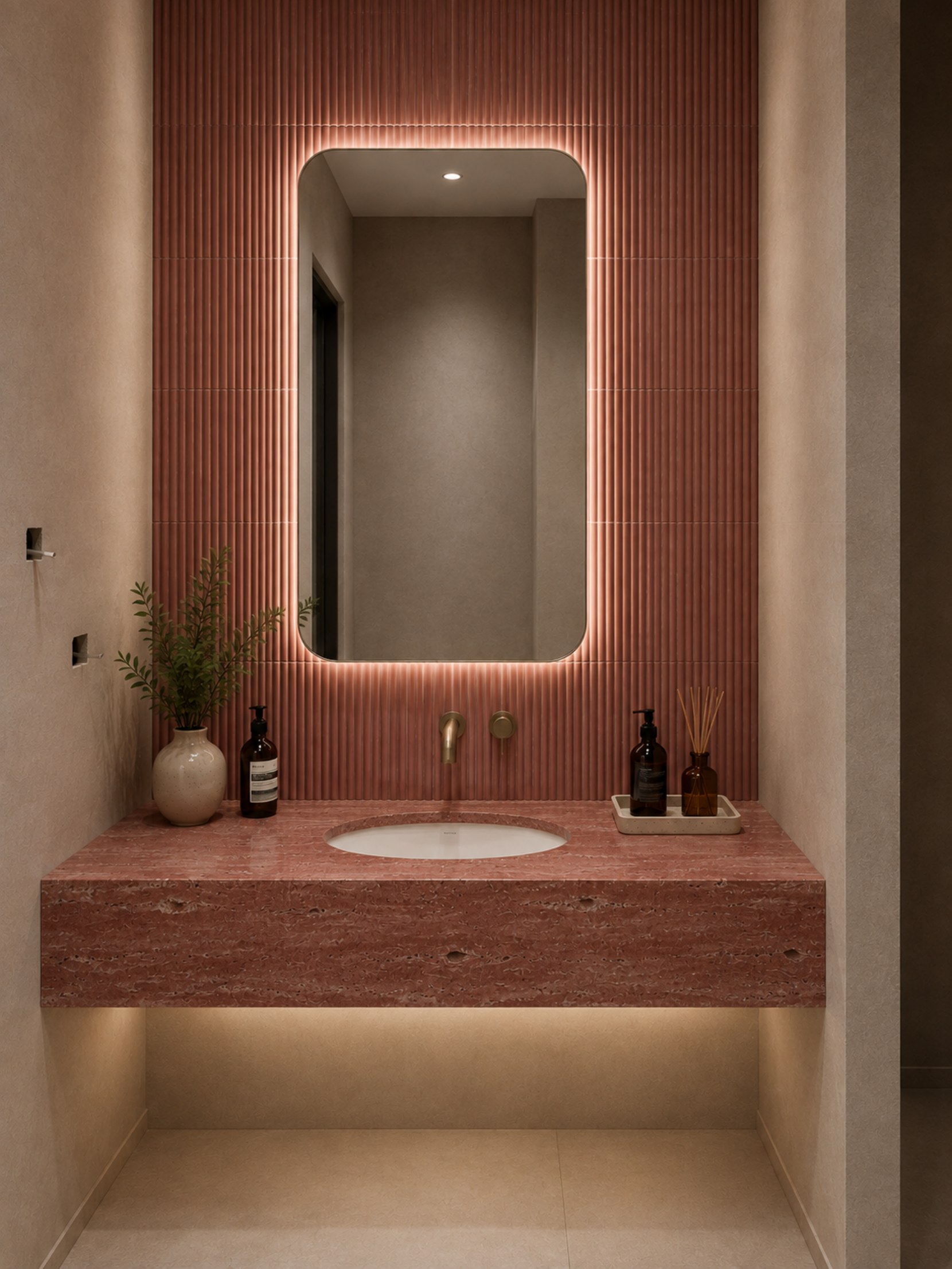 Washroom with an integrated red stone sink