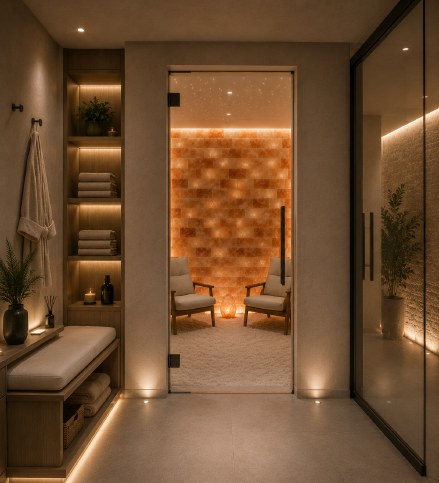 Entrance to the softly illuminated salt room