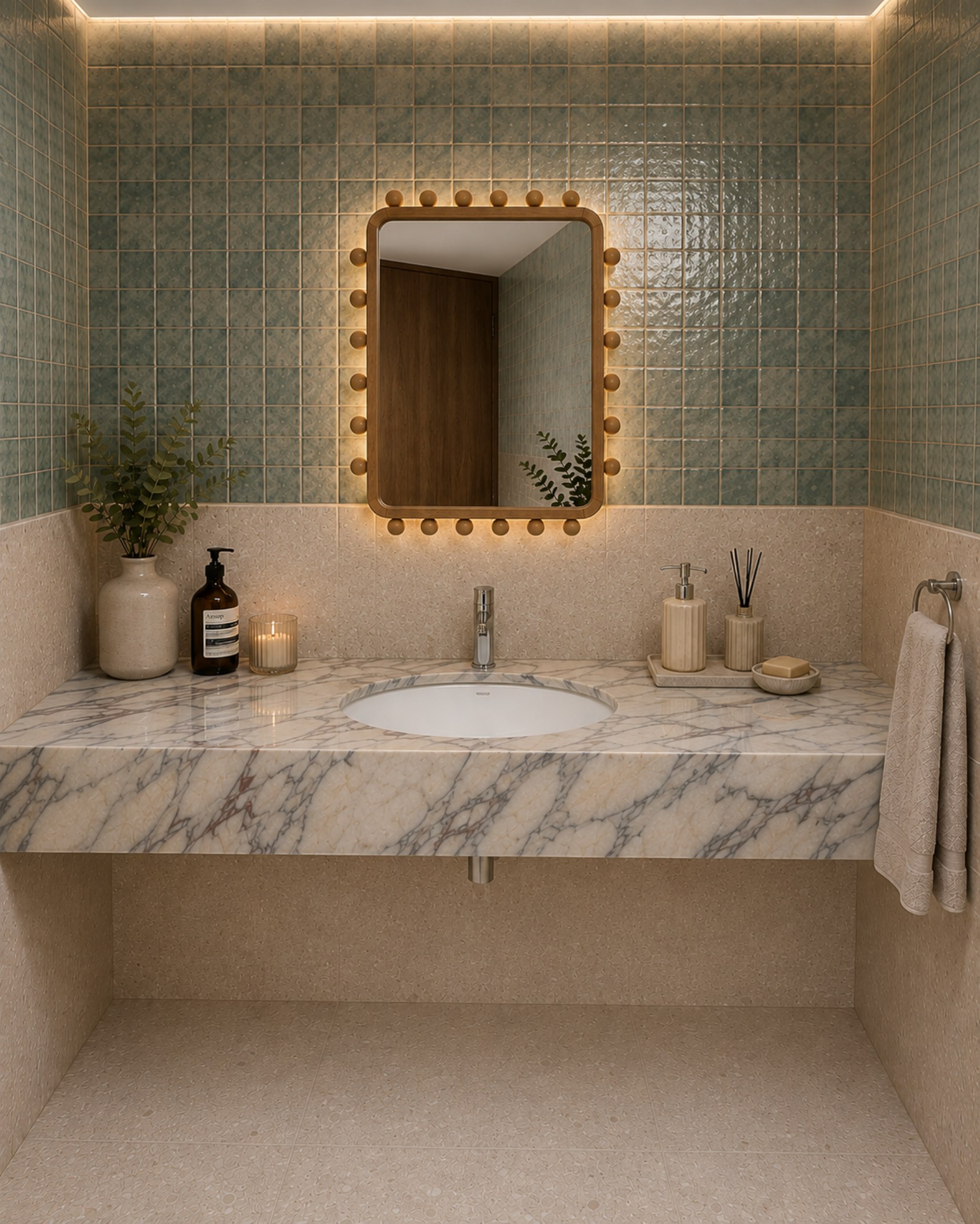 Green marble washroom with brass details