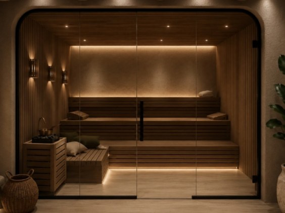 Spacious timber sauna with tiered seating