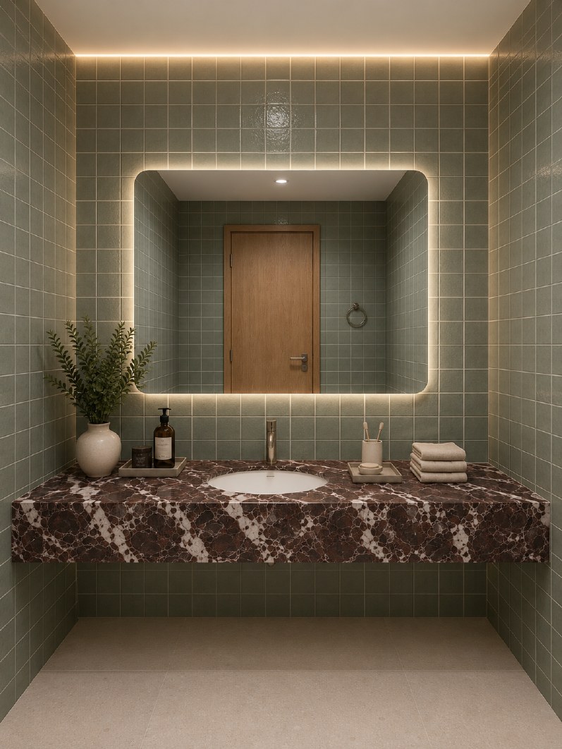 Dark marble ergonomic washroom design