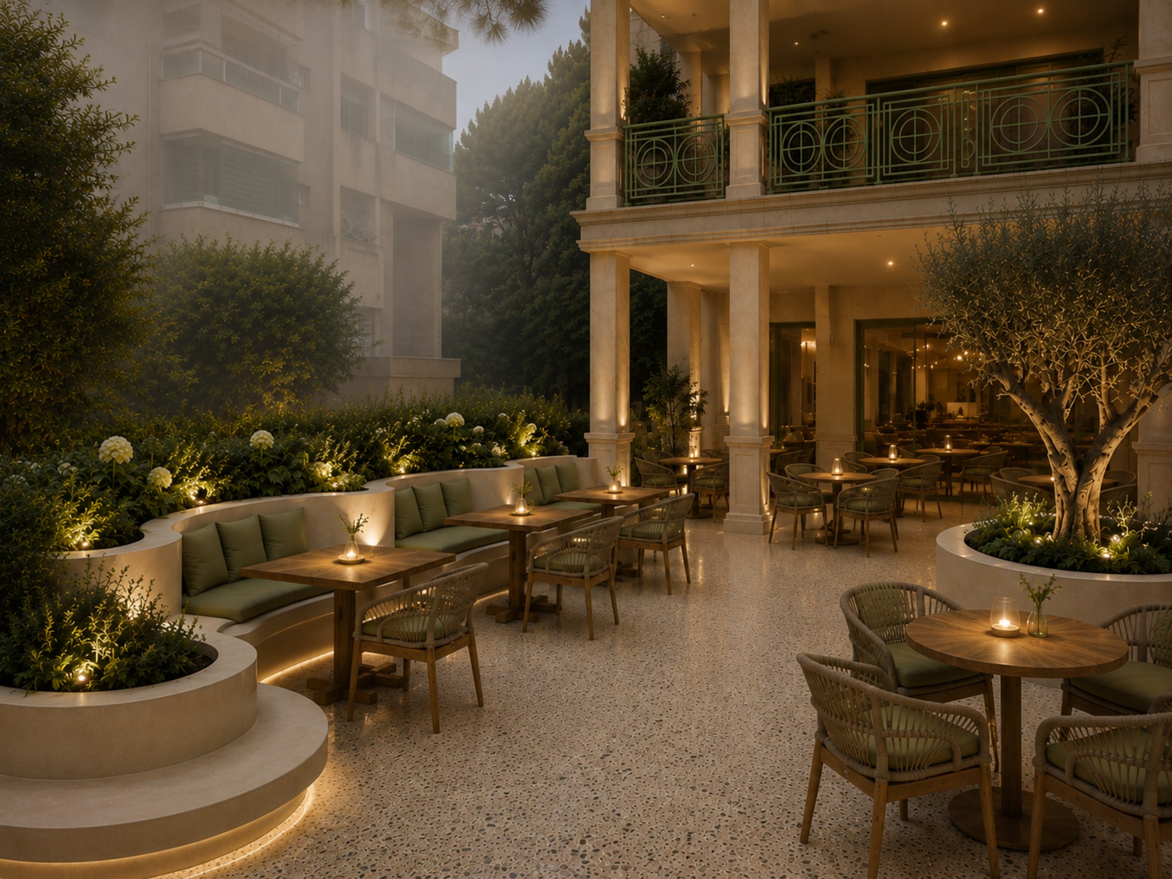 Illuminated outdoor courtyard in the evening