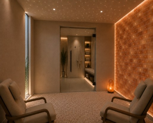 Salt therapy lounge with warm ambient lighting