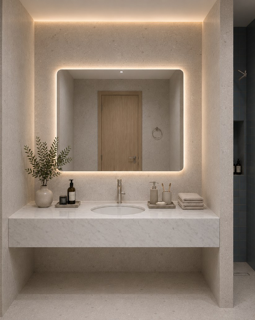 Pale stone ergonomic washroom design