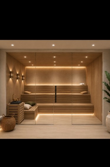 Intimate timber sauna with soft concealed lighting