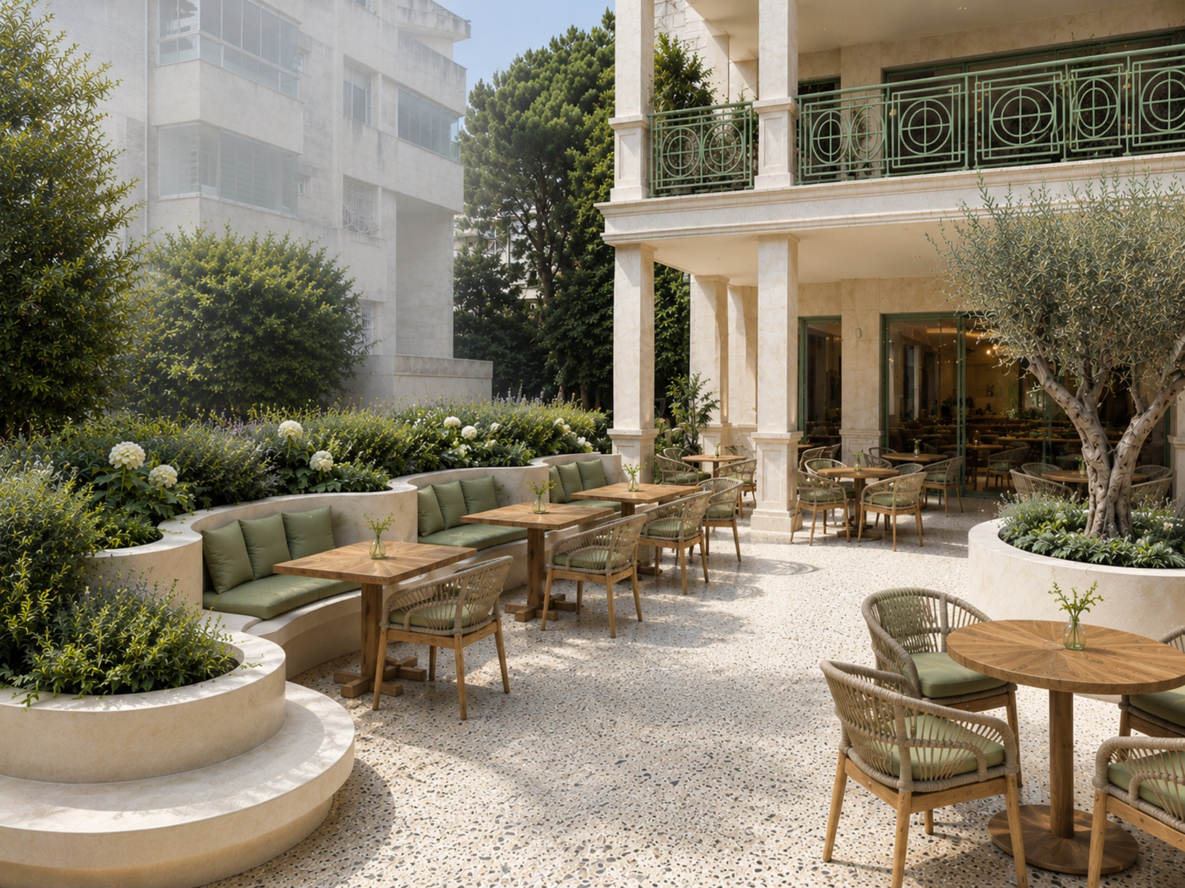 Landscaped outdoor patio in daylight